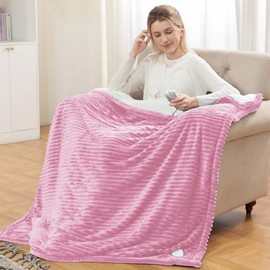 Heated Blanket Electric Throw - Soft Flannel Electric Blanket 50“ x 60", Heating Blanket with 10 Time Settings, 6 Heat Settings, Machine Washable with Over-Heat Protection (Pink)
