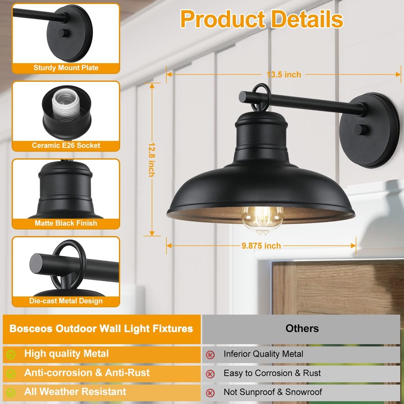Outdoor Wall Lights - 2-Pack Black Wall Sconces, Farmhouse Barn