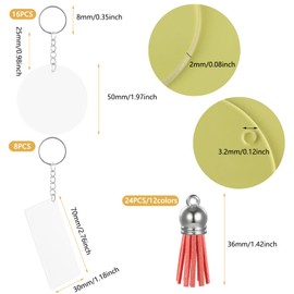24 Sets Acrylic Key Ring Blanks, 16 Round 5 cm and 8 Rectangular 3 x 7 cm, with 24 Tassels & Key Rings, for DIY Key Chains & Creative Gifts