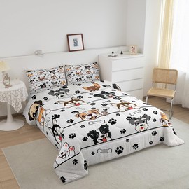 Manfei Cute Dog Pet Animals 3 Pcs Queen Size Comforter Set,Paw Print White Down Alternative Adults Room Decor,Cartoon Puppy Ultra Soft Microfiber Inner Fill 3Pcs Bedding