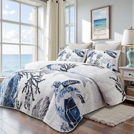 weesire Coastal Bedding King Size Coastal Quilt with 2 Shams, Nautical Beach Comforter Sets Ocean Bedspreads Blue Seaturtle Coverlet Summer Bedding, 96''x106''
