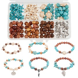 SUNNYCLUE 1 Box 6 Sets Ocean Bracelet Making Kit Sea Turtle Beads Turtle Pendant Starfish Charms Wooden Beads Summer Ocean Beads Sea Animal Beads Blue Turquoise Shell Beads For Beautiful