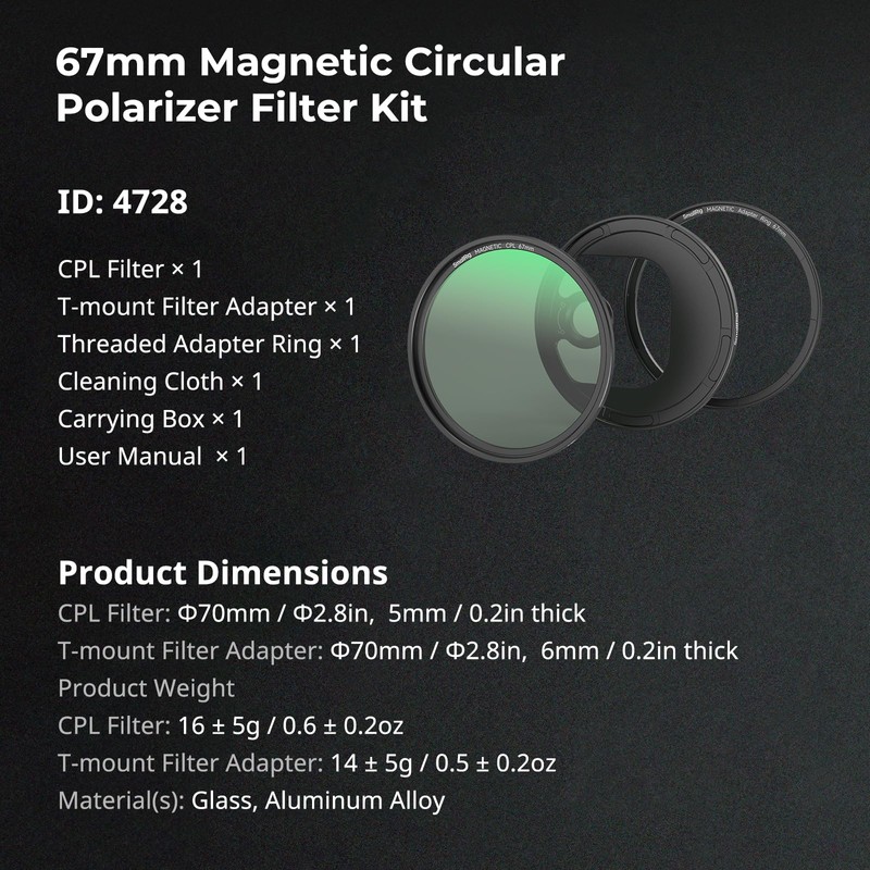 SMALLRIG 67 mm Magnetic Circular Polarising Filter Including 67 mm