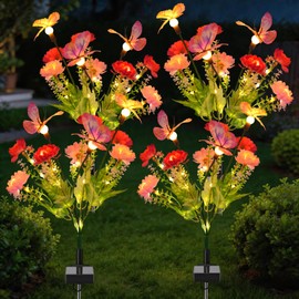 4 Pack Solar Garden Lights Outdoor, 8 Lighting Modes Warm White LED Powered Swaying Butterfly, Waterproof Snow Lotus Flowers Landscape Light for Outside Yard, Patio, Pathway Decorative, Décor, Gifts