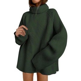 MMOOVV Damen Winterpullover, übergroßer Rollkragenpullover, langärmelig grob gestrickt Tunika-Pullover Strickjacke Damen Herbst (Green, L)