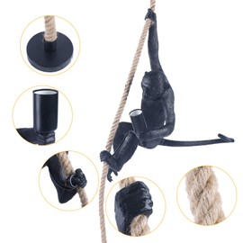 Vintage Resin Hemp Rope Monkey Pendant Light, 110V Modern monkey lamp Fixture for Interior Creative Decoration & Lighting Retro Edison Ceiling Chandelier Dining Decorative Hanging Lamp (Black)