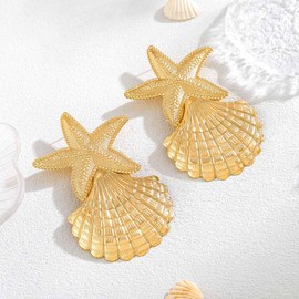 Vinzar Gold Shell Starfish Dangle Earrings Seashell Drop Dangle Earrings Summer Ocean Beach Jewelry for Women