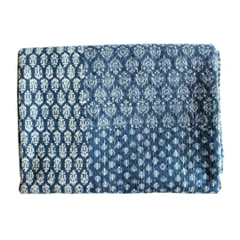 Mango Gifts Indigo Color Hand Block Printed Kantha Quilt, Queen Size Patchwork Cotton Bedspread, Made By Artisans of India 60" X 90" Approx Inches WITH COVER