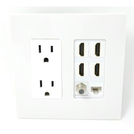 RiteAV 15A Power Outlet 4 Port HDMI 1 x Cat5E Ethernet 1 Coax Cable TV [Screwless] Wall Plate [White/White]