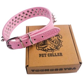TEEMERRYCA Adjustable Leather Spiked Studded Dog Collars with a Squeak Ball Gift for Small Medium Large Pets Like Cats/Pit Bull/Bulldog/Pugs/Husky, Pink, XL 17.7-20.5 inches