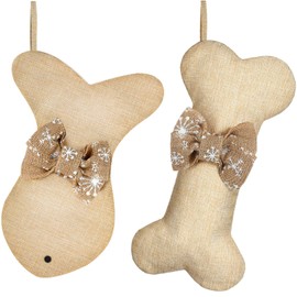 Syhood 2 Pieces Dog Bone Christmas Stockings Fish Christmas Stockings Pet Burlap Stockings Fireplace Hanging Stockings with Bowknot for Dog Cat Christmas Party Holiday Decoration