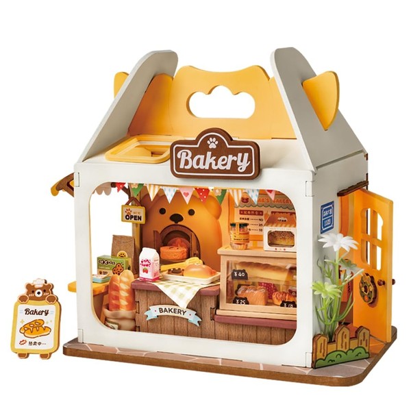 Rolife Miniature Doll House, Bear Bakery for Beginners, Food Box Series, Doll Display House, LED Lighting, Handmade Kit, Dollhouse Figure Accessories, Interior, Assembly, 3D Puzzle, Wooden Puzzle, 3D
