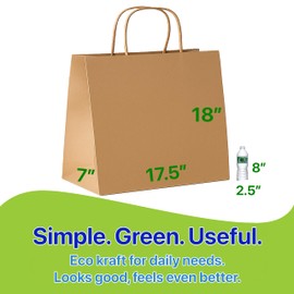 Pokanic Brown Kraft Paper Lunch Bags with Handles – [50 Bags] x [18 x 17.5 x 7 Inch] Reusable & Recyclable, Strong for Meal Prep, To-Go, Takeout, Parties & Small Business Use (50, X-Large)