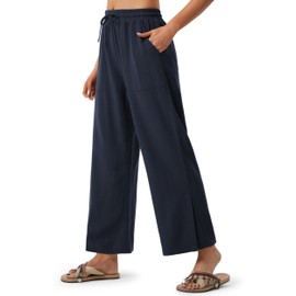 Libin Women Linen Pants Wide Leg Side Slit Ankle Pants High Waist Drawstring Casual Palazzo Loose Beach Pant Cropped Trousers Navy 2XL