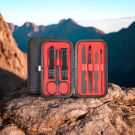 7 Piece Professional Manicure Pedicure Nail Clipper Set Mens & Womens Travel Grooming Kit Includes Eyebrow Scissors, Tweezers, Nail Clippers for fingernail, toenail and Facial Care Black Compact case