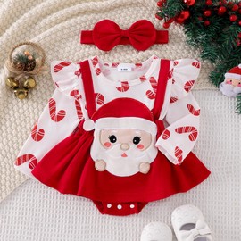 Zukmuk Newborn Baby Girl Christmas Outfit Baby Girl Elk Romper Dress Long Sleeve Ruffle Santa Claus Romper Dress One Piece Bodysuit Headband Set (Red Santa, 12-18 Months)