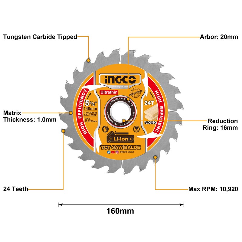 INGCO 2-Pack 140mm Ultra-thin TCT Saw Blade Set 24T, 20mm