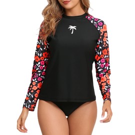Halcurt Women's Long Sleeve Rash Guard Swim Top UPF50+ SPF Sun Protection Swimsuit Quick Dry Bathing Suit Black Red Flowers S
