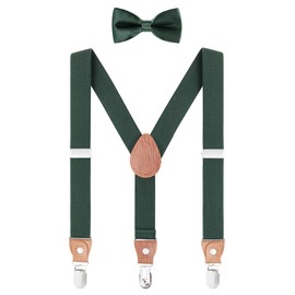 WANYING Unisex Toddler Children's Suspenders Bow Tie Set - Y Shape 3 Clips Width 2.5 cm Elastic Braces & Bow Tie for 3-8 Years Old - Dark Green, Plain dark green - with bow tie