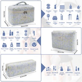 3pc Makeup Bag Set, Quilted Makeup Bag Set, Large Floral Cosmetic Bag for Women, Cute Cotton Makeup Bags, Flower Travel Toiletry Organizer Bag (Green Leaves Blue Flowers)