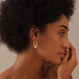 LeCalla 925 Sterling Silver 14K Gold-Plated Oval Filigree Hoop Earring Click-Top Lightweight Jewelry Hoops Earring for Women - 32mm