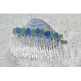 Genuine Cobalt Blue and Kelly Green Sea Glass Hair Comb