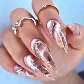 SINHOT Long Stiletto Press on Nails Almond Fake Nails Glossy Glue on Nails Marble Gradient Acrylic Nails Silver Glitter False Nails with Designs 24 pcs