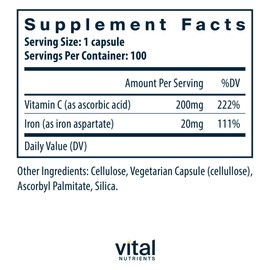 Vital Nutrients Iron Plus C | Vegan Iron Supplement | 20mg Iron with 200mg Vitamin C to Increase Iron and Energy Levels | Gluten, Dairy, Soy Free | Non-GMO | 100 Capsules