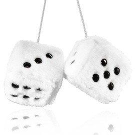 Pair 3” White with Black Dots Mirror Fuzzy Plush Dice, White and Black Soft Plush Car Decorative Hanging Ornament
