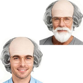 JehaYu 2 Pcs Wigs with 2 Pcs Glasses, Wig Men Old Man Wig Bulk Bald Silver Gray Grandpa Funny Wigs Bald Cap with Side Hair for Cosplay Old Man