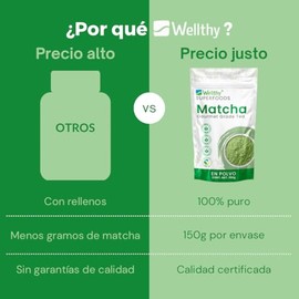 Wellthy Superfoods T Matcha en Polvo 150g. 75 Porciones Por Envase, Certificado Orgnico, 100 Natural, Excelente para Bebidas Fras o Calientes. Bottle 