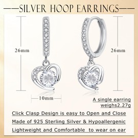Loutade Silver Hoop Earrings for Women, Hypoallergenic 925 Sterling Silver Hanging Earrings with Heart Dangle, Lightweight Dainty CZ Sleeper Cartilage Huggie Ear Hoops Jewelry Gifts for Women Girls