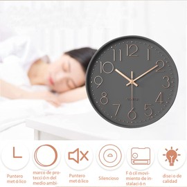 Reloj de Pared de Cuarzo silencioso,Reloj de Pared Moderno,12 Pulgadas Grandes Decorativos Silencioso Interior Reloj de Cuarzo de Cuarzo Redondo No-Ticking para Sala de Estar,la Escuela (gris)