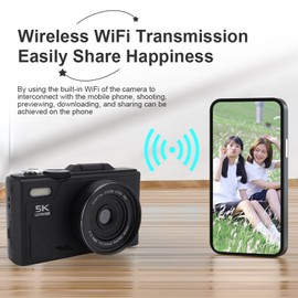 5K Digital Camera, WiFi 75MP Vlogging Cameras, 18X Autofocus Point and Shoot Digital Cameras with 3in 180°Flip Screen, Compact Vlog Travel Camara with SD Card for Photography (Black)