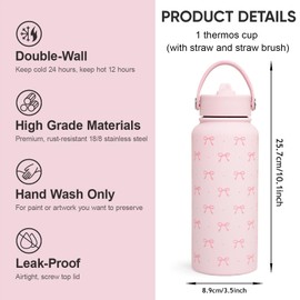 Pink Bow Water Bottle 1L (32oz) Insulated Water Bottle Stainless Steel Pink Thermos with Straw for Women, Girls, Teens, Ideal Birthday and Back to School Gift