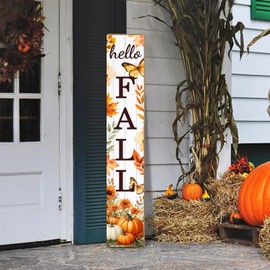 Hello Fall Porch Sign Autumn Pumpkin Maple Leaf Welcome Sign Vertical Standing Sign For Front Porch Decor Farmhouse Hanging Wall Sign for Patio Yard Party Indoor Outdoor Thanksgiving Decoration 47.2"H