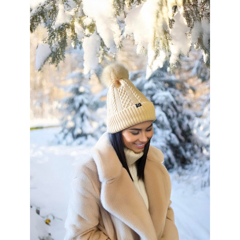 Funky Junque Cable Knit Fleece Lined Pom Beanie - Beige