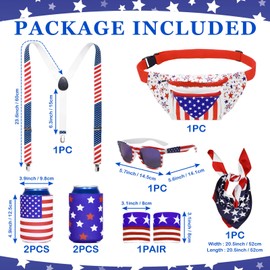 Harsever 4th of July Patriotic Fanny Packs,USA Beverage Beer Belt Set with Suspenders Drink Holder Flag Headband Wristband Sunglasses for Independence Day