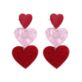 Three Love Heart Dangle Drop Earrings Unique Pink Red Heart Statement Earrings for Women-Red