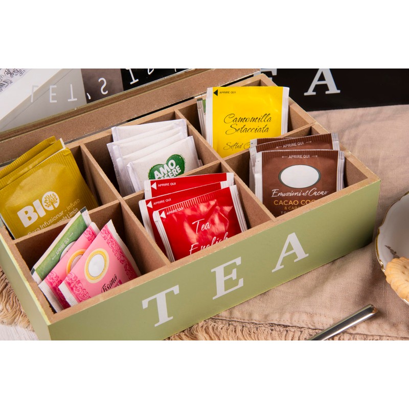 Sibilla Tea and Herbal Tea Storage Box, 6 Compartments, Sage