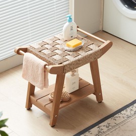 HDPS Shower Bench Seat for Inside Shower, Waterproof Shower Stool with Hand Woven Rattan Construction, Soft Comfortable Poly Bath Chair Seat for Spa/Shaving Legs, Weather Resistant/Non-Slip/Handles
