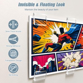 Worldity 30 Pcs Comic Book Wall Display, Acrylic Clear Floating Wall Mount Holder, Invisible Self Adhesive No Screws Comic Book Display for Wall, Poster Display