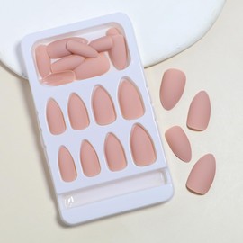 Pale Pink Press on Nails Almond Fake Nails Fall Gloss Acrylic Nails Medium with Frosted design Glue on Nails Artificial Nails Full Cover False Nails Reusable Artificial Nails for Women Girls 24Pcs