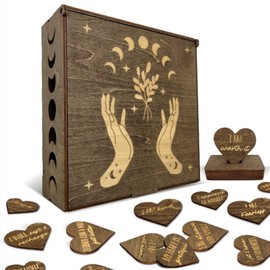Sunny Lark Positive Affirmations Box | Moon Phase Themed Engraved Wood Box with 72 Positive Affirmation Heart Cutouts | Daily Motivational Gift for Women