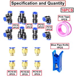 HAXIHA 10 m Pneumatic Hose, Blue, 10 mm OD 6.5 mm, ID Polyurethane PU Air Hose, Compressed Air Hose, Suitable for Pneumatic Devices, with 14 Pieces Pneumati Connectors (Y/T/L/I Shaped)