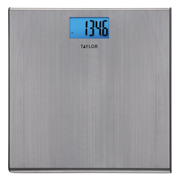 Taylor Digital Scales for Body Weight, Extra Highly Accurate 440 LB Capacity, Thin Profile, Unique Blue LCD, Stainless SteelGlass Platform, 12.2 x 12.2 Inches, Stainless Steel