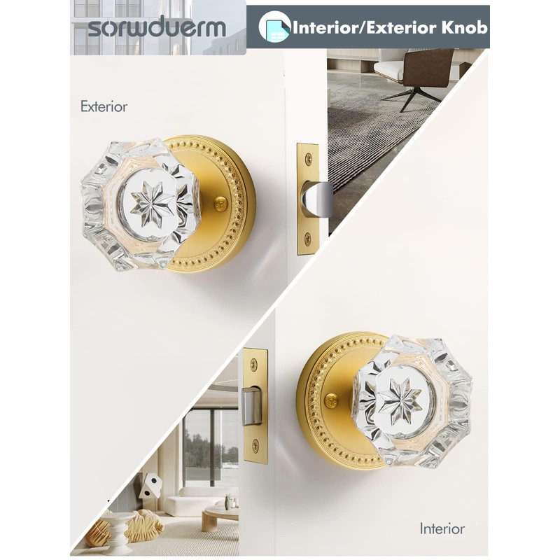 SORWDUERM Gold Door Knobs Crystal Door Knob Brushed Gold Passage