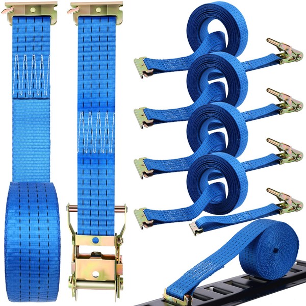 4 Pcs E-Track Ratchet Straps 2'' x 20' Heavy Duty Blue Polyester Tie-Down Straps E-Track Spring Fittings Strong Ratchet Strap for Logistic Trucks Trailers Van Sailboats Kayaks Cars Motorcycles RVs