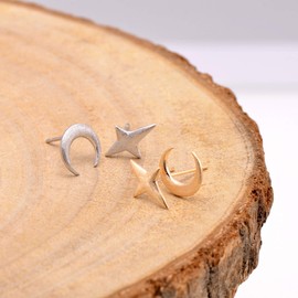 925 Sterling Silver Asymmetrical Earring Studs Crescent Moon/Sparkle Star, Yellow Gold Plating