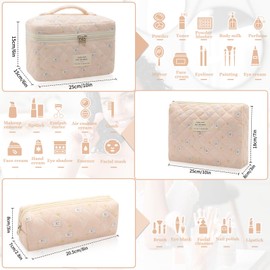 3pc Makeup Bag Set, Quilted Makeup Bag Set, Large Floral Cosmetic Bag for Women, Cute Cotton Makeup Bags, Flower Travel Toiletry Organizer Bag (Star White Rabbit)